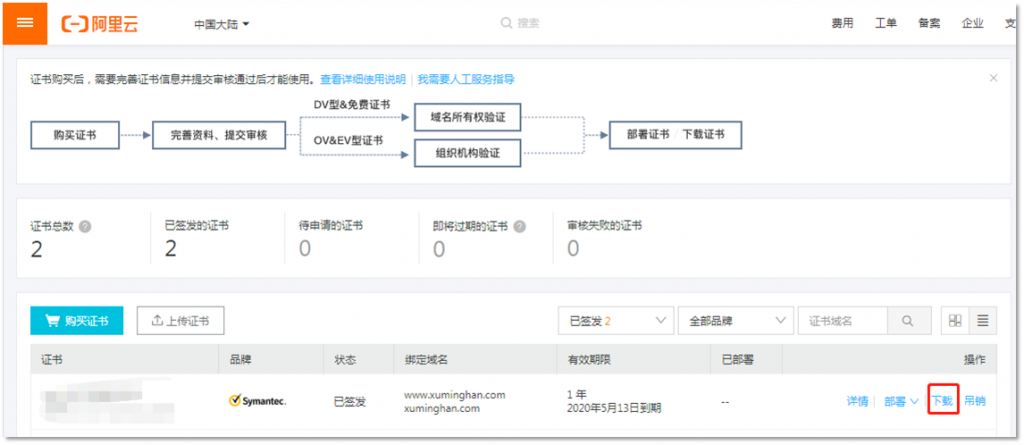 阿里云SSL证书管理控制台